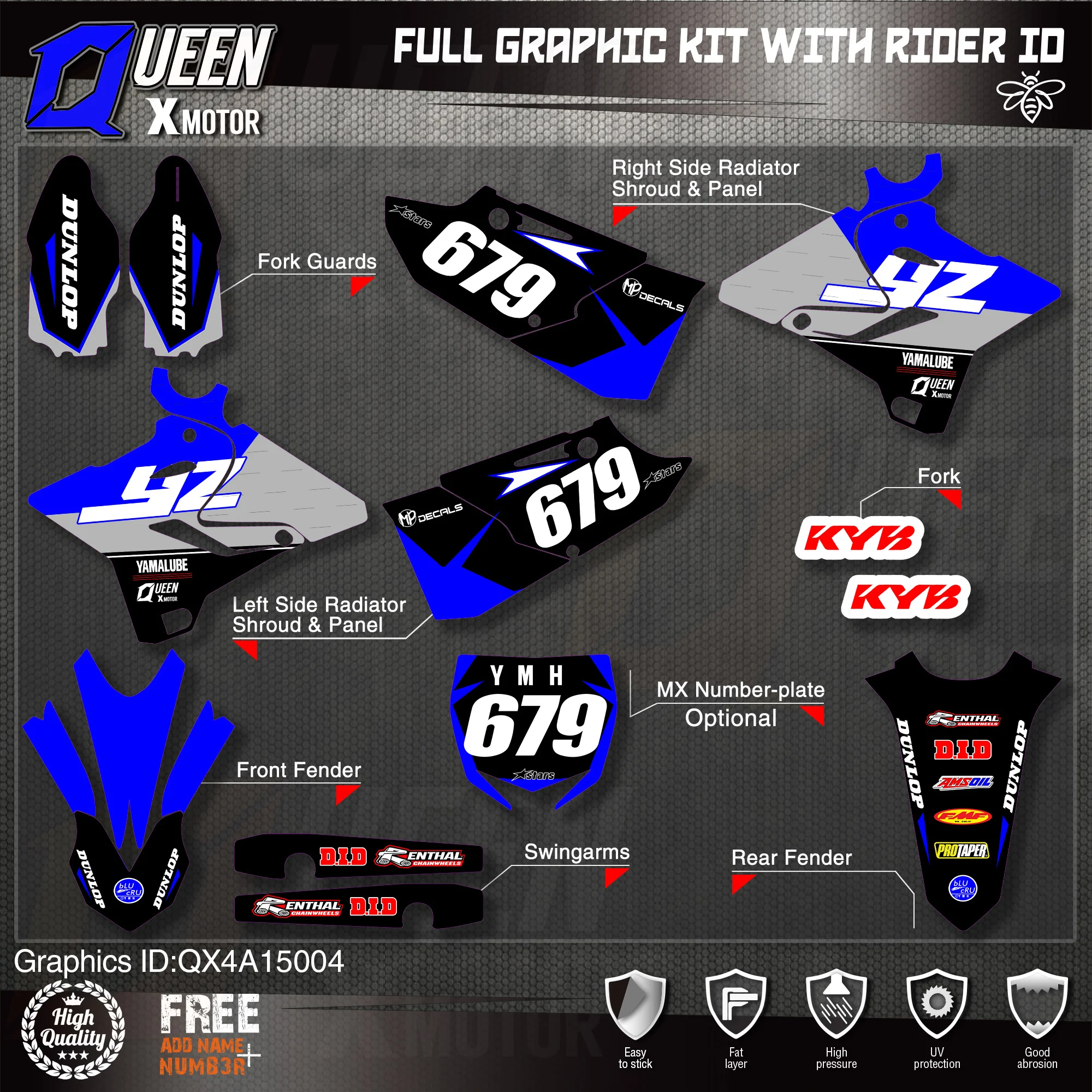 

QUEEN X MOTOR Custom Team Graphics Backgrounds Decals 3M Stickers Kit For YAMAHA 2015 2016 2017 2018 2019 YZ125-250 004