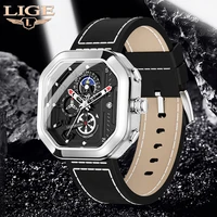 lige new sports waterproof mens watches square moon phase watch for men leather wristwatch quartz date clock relogio masculino