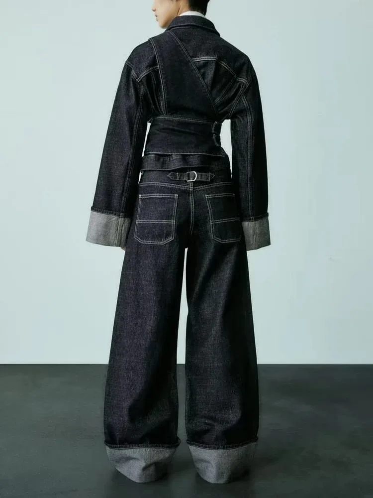 TRAFZA женская мода Casual Rolled Pants Solid Colour Button Loose Wide Leg High Waist Streetwear Commuter Jeans