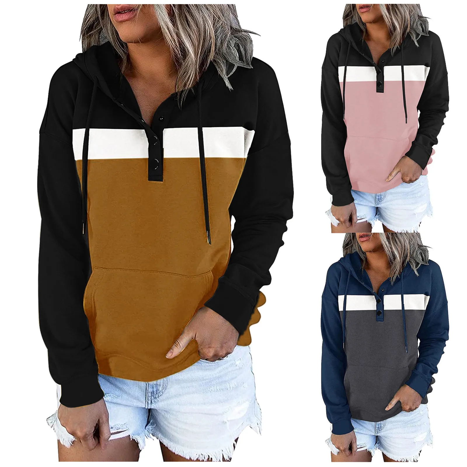 

Clothes Women Snap Button Hoodie Hoodies Down With Pocket Women's Button Cotton Quilted Sweatshirt Women Long Sleeve Ladies Tops