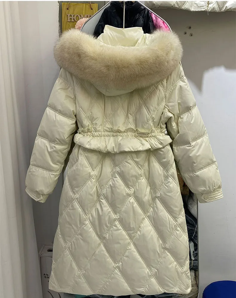 2022 Luxury Women's Winter Duck Down Overcoat with Large Fox Fur Hooded Windbreaker Outerwear for Lady Female Khaki Black Cream