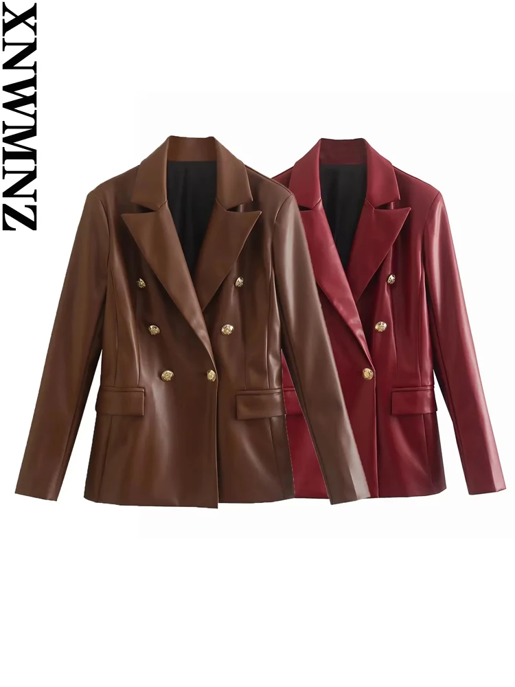 

XNWMNZ Women Fashion Faux Leather PU Double Breasted Blazer Jacket Women's Vintage Long Sleeve Slim Female Chic Suit