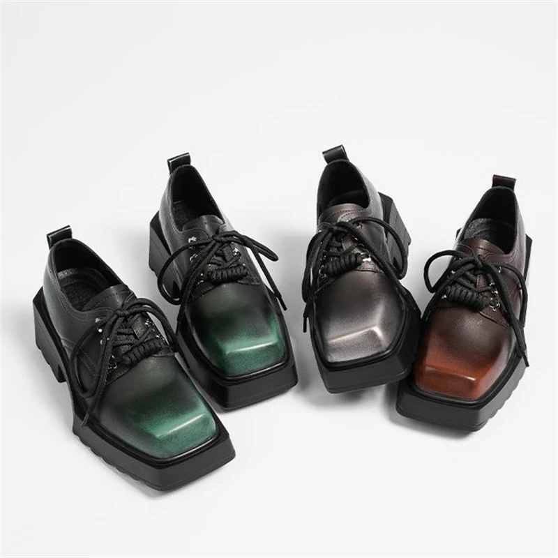 

Vintage Women Platform Leather Shoes Square Toe Casual Derby Shoes Ladies Thick High Heel Shoes Female Pumps Slip On Loafers