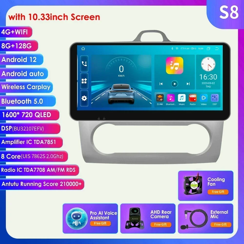 

10,33 "для Ford Focus Mk2 Carplay Экран Android 14 2 Din Автомобильный радиоприемник Мультимедийный плеер GPS-навигация Bluetooth Сенсорная стерео RDS