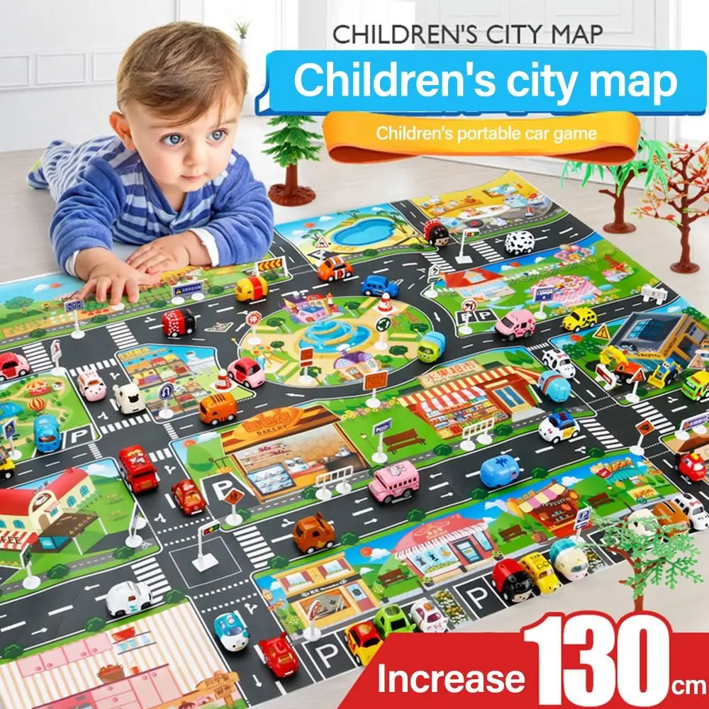 

130*100CM Vehicle Playmat Baby Playing Rug Toys City Roadmap Traffic Map Mat Parking Lot Kids Game Carpet