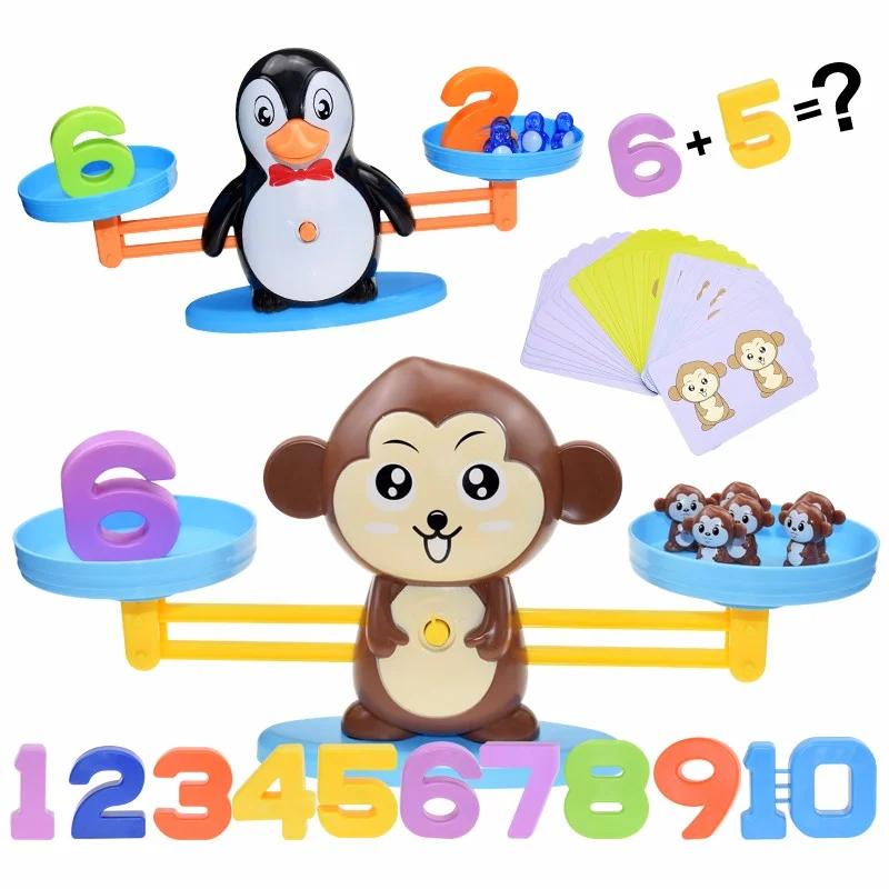 

Free Shipping Math Toy Digital Monkey Balance Scale Educational Math Penguin Scale Number Board Game Kids Learning Toys