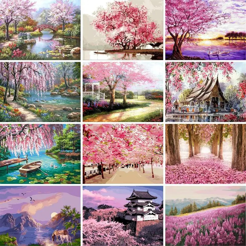 

Sakura Road Scenery DIY oil Painting By Numbers Kits abstract Picture On Canvas For Wall Art Picture