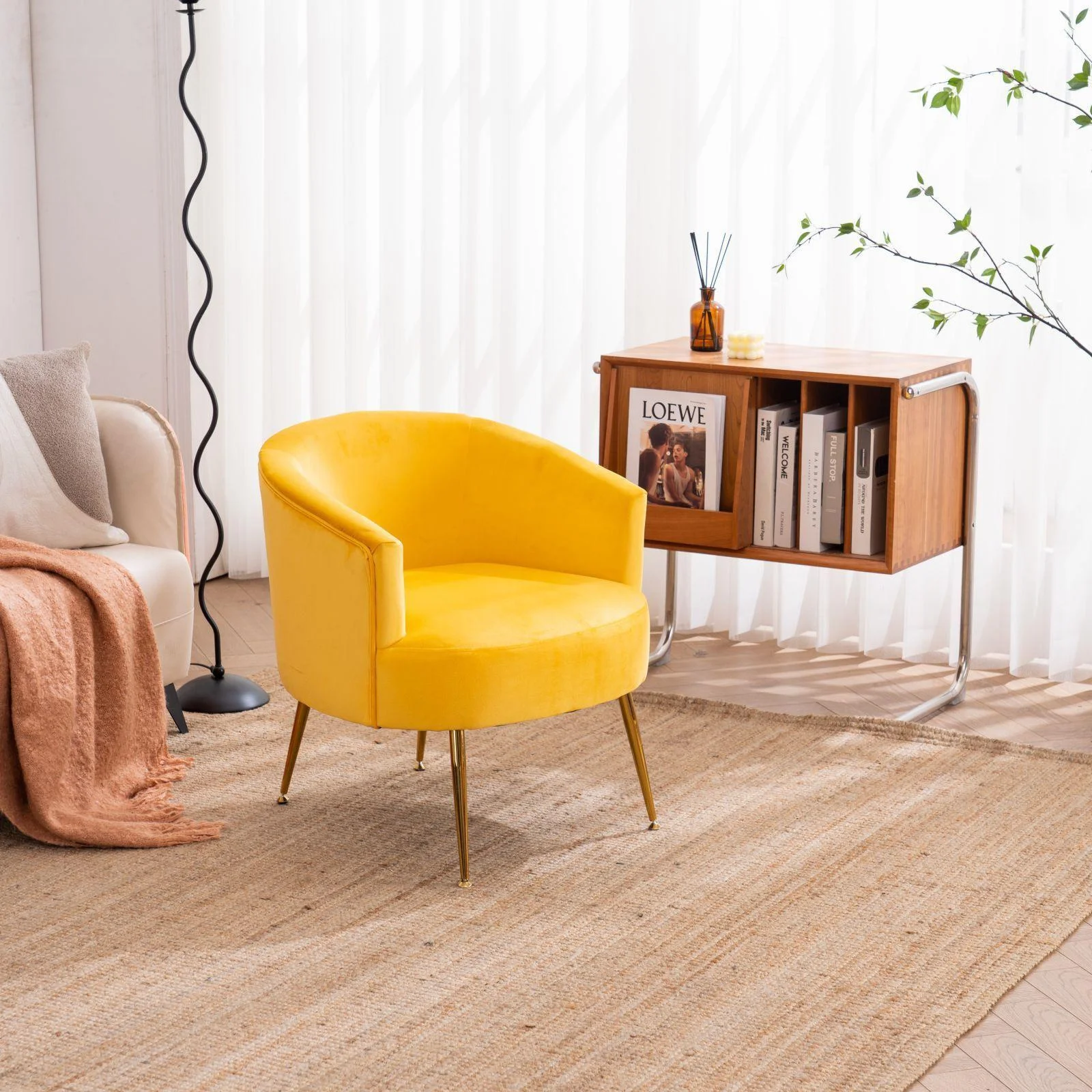 

Velvet armchair accent chair tubchair with gold metal legs, Yellow