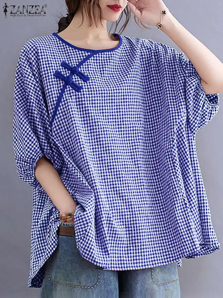 

2022 Summer Short Sleeve Blouse Casual O Neck Check Loose Blusa Oversize Button Up Chemise ZANZEA Women Vintage Plaid Top Tunic