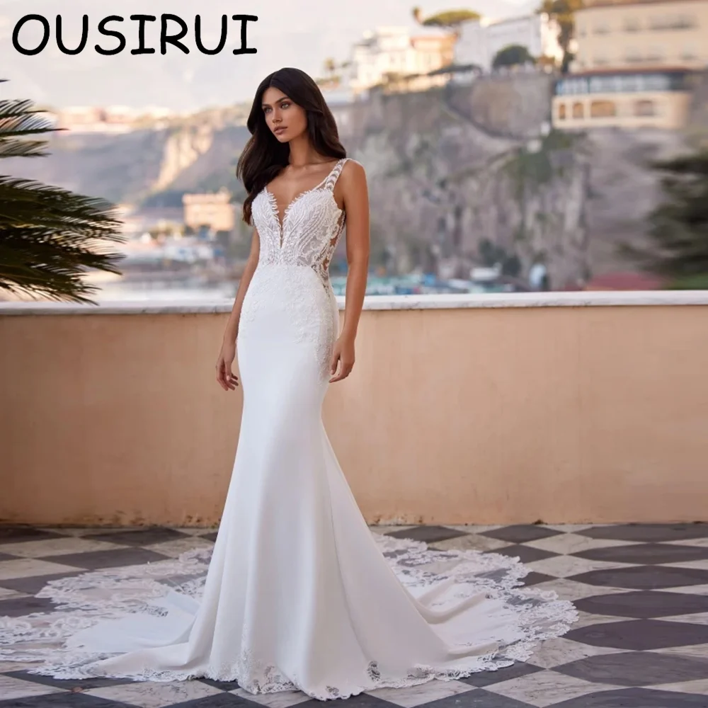 Атласное свадебное платье OUSIRUI в стиле бохо на тонких бретельках с V-образным