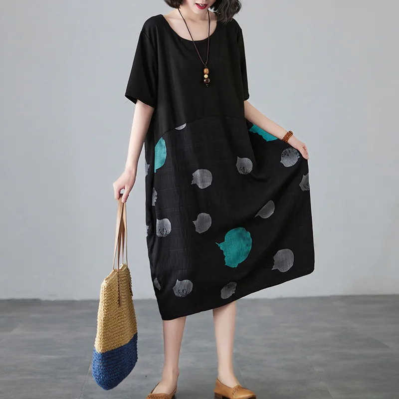 Летнее черное платье-миди #3266 женское в горошек из хлопка и льна женские