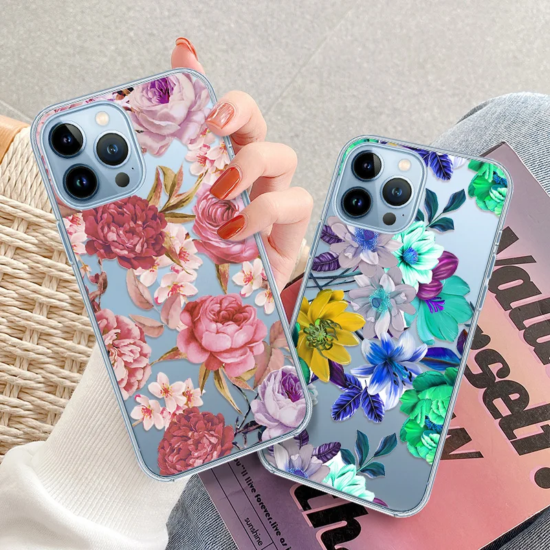 

Flower Rose Girl Gift Soft Silicon Phone Case for Iphone 7 8 Plus X XS XR MAX 13 12 Mini 11 Pro SE 2020 Transparent Back Cover