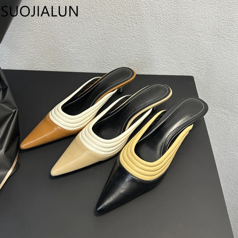 

SUOJIALUN 2023 Summer New Brand Women Slipper Fashion Pointed Toe Shallow Slip On Ladies Mules Thin Low Heel Dress Sandals Slide