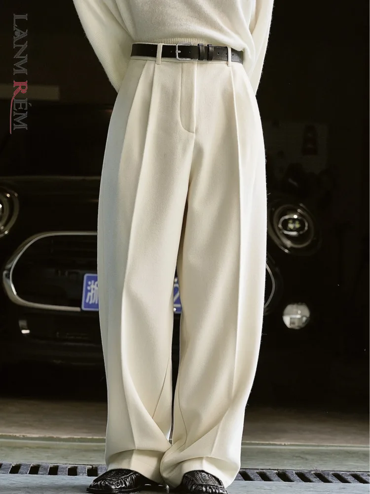 LANMREM Woolen Straight Trousers High Waist Wide Legs Solid Versatile Casual Loose Women Pants Winter Fashion Clothes 2Q1010
