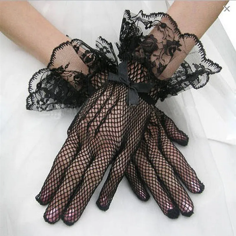 

Elegant Ladies Short Lace Gloves Sheer Fishn Net Black White Prom Party Gloves Female's Fashionable Soild Color Mittens New Hot