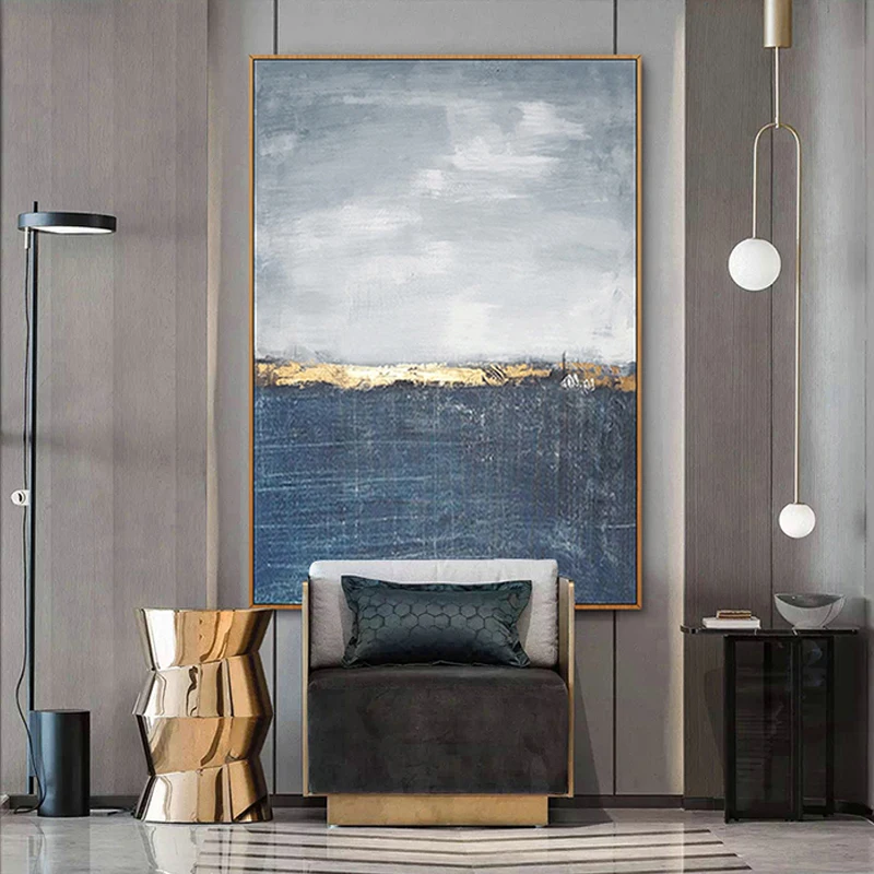 

Hand-painted Abstract Oil Painting Living Room Porch Golden Horizon Abstract Large Decorative Painting Canvas Frameless