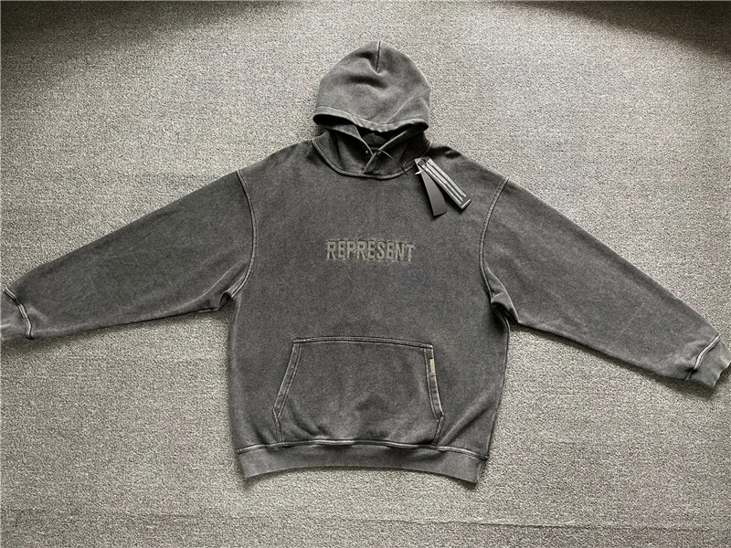 

Oversize Crewneck Pullover Wash Grey Represent Hoodie Men Women 1:1 High Quality Vintage Embroidered Represent Hooded