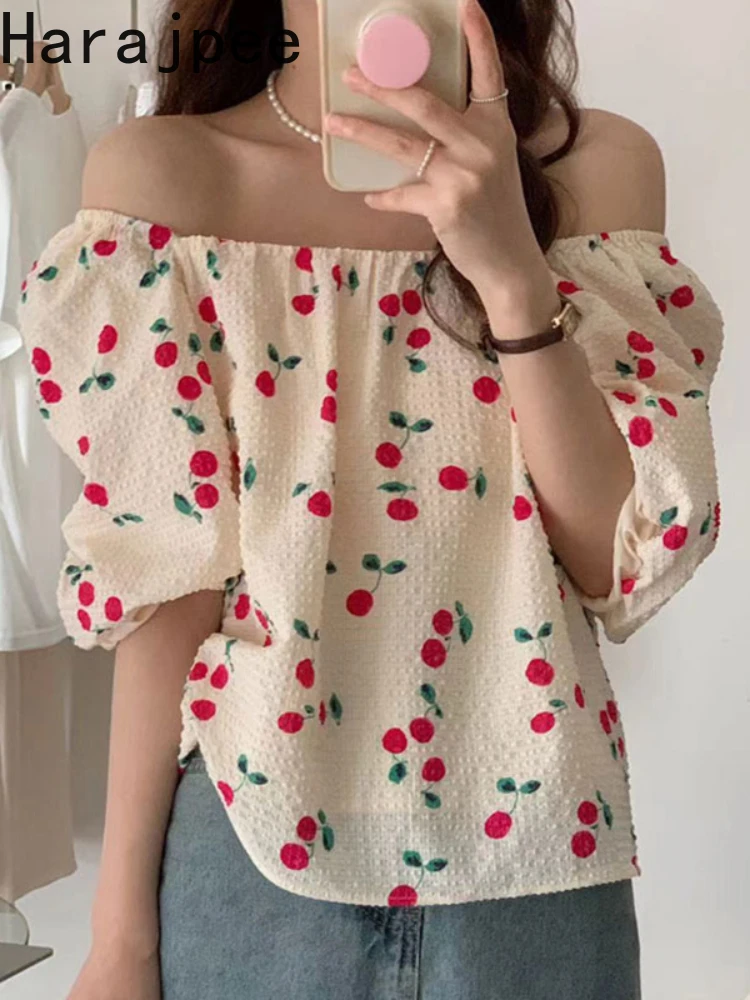 

Женская рубашка с принтом вишни Harajpee, Свободный Повседневный пуловер с вырезом лодочкой и пышными рукавами, универсальный топ в Корейском с...
