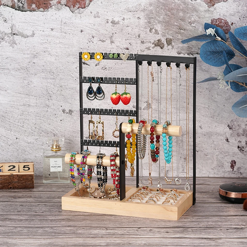 Jewelry Display Holder Multi Layers Metal Wood Necklaces Rings Hanging Rack Jewelry Organizer Detachable Stand Bracket