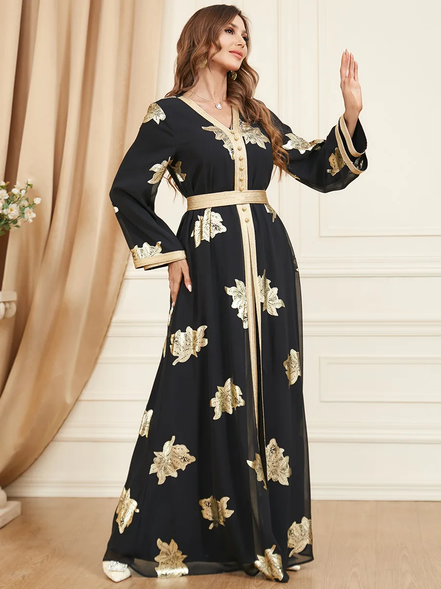 Eid Muslim Dress Abaya Women 2 Piece Set Morocco Party Dresses Ramadan Mubarak Belt Kaftan Vestidos Maxi Abayas Set Elegant Robe