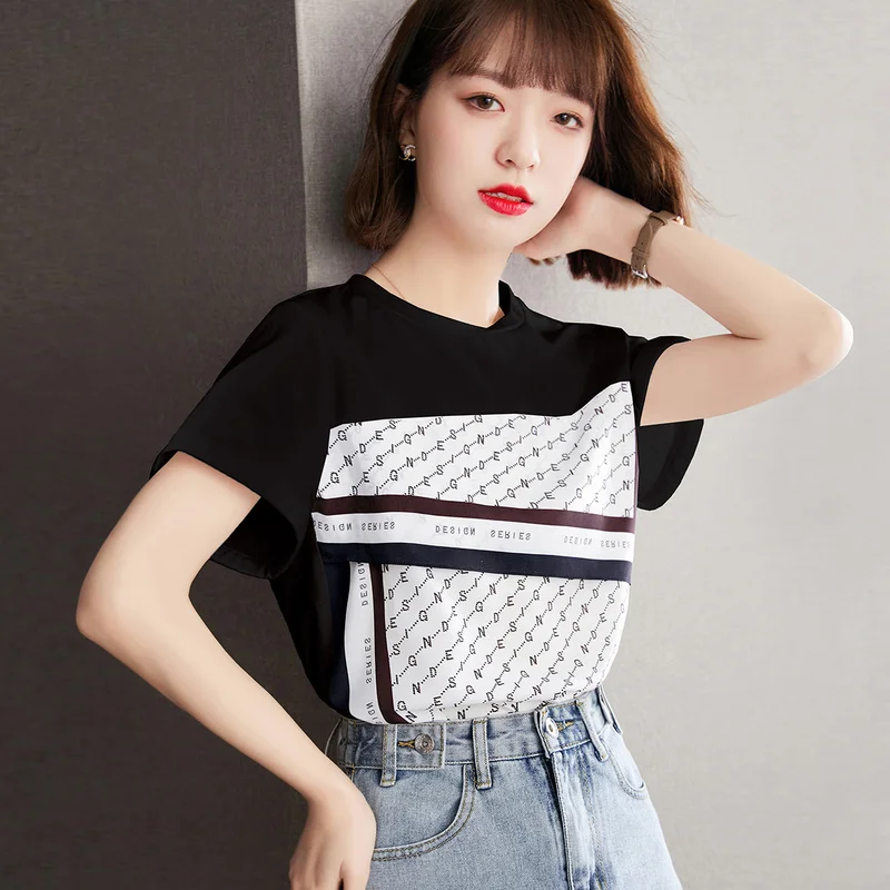 

Cotton Women's T-shirt Summer Loose Top Fashion Short Sleeve Black White O-Neck Female Clothes Splicing Casual Tees