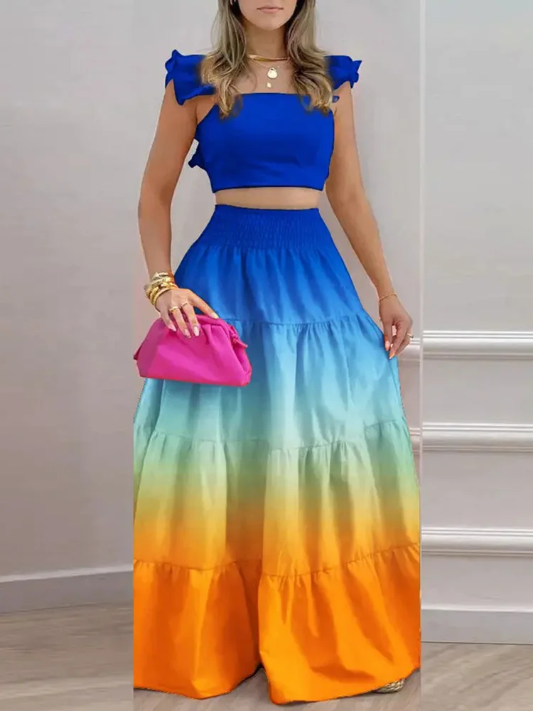 

Короткий топ и юбка с эффектом омбре, летний женский комплект из двух предметов