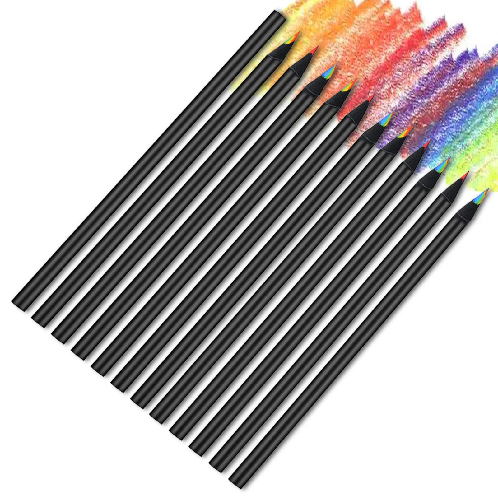 

12pcs Durable Art Supplies Rainbow Pencils Safe Assorted Colours Kids Adults Black Wooden Office Gift Colouring Stationery