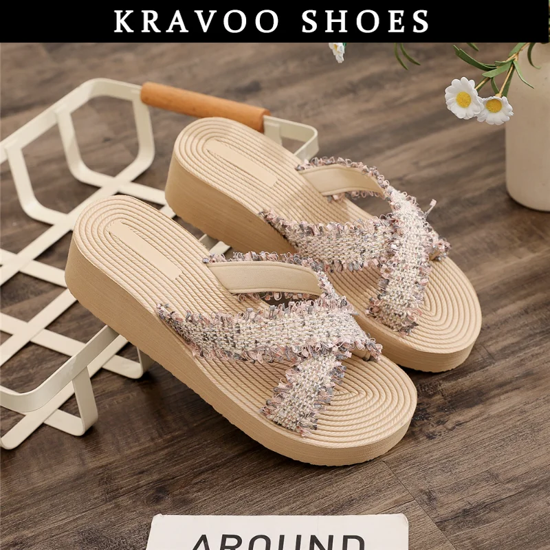 

KRAVOO Braided Cross Band Peep Toe Shoes For Women Elegant Slippers Platform Wedges Sandals Ladies Outdoor Beach Slides Summer