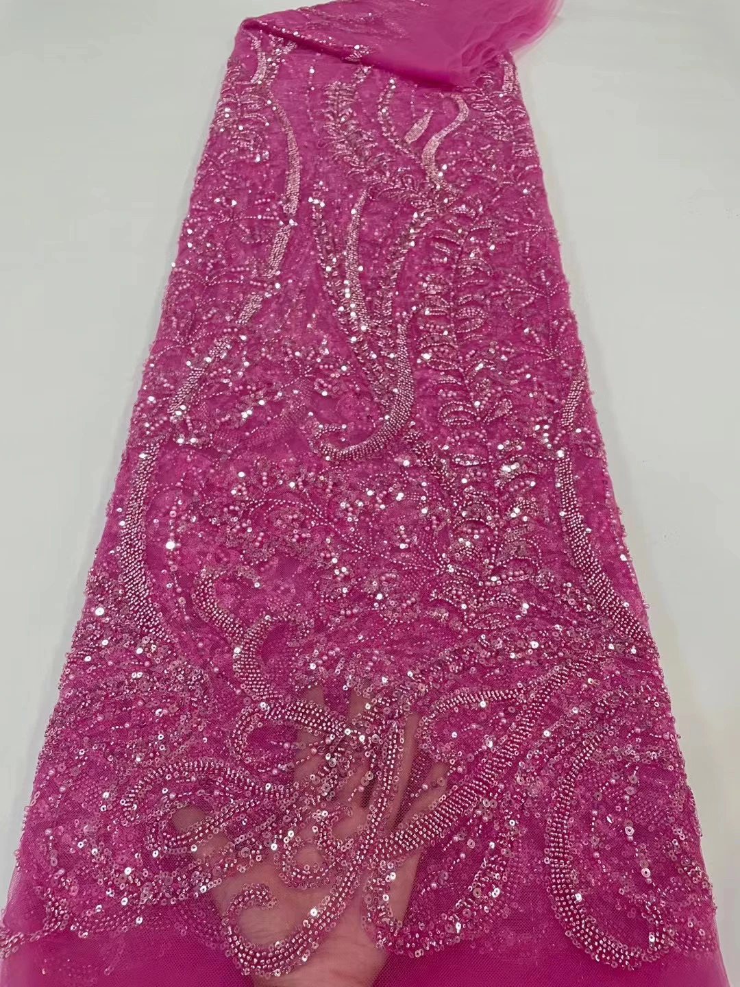 

Africa Morden Embroidered Tulle Net Fabric With Shining BEads Luxury French Sequins Mesh Lace Evening Wedding Party Dress