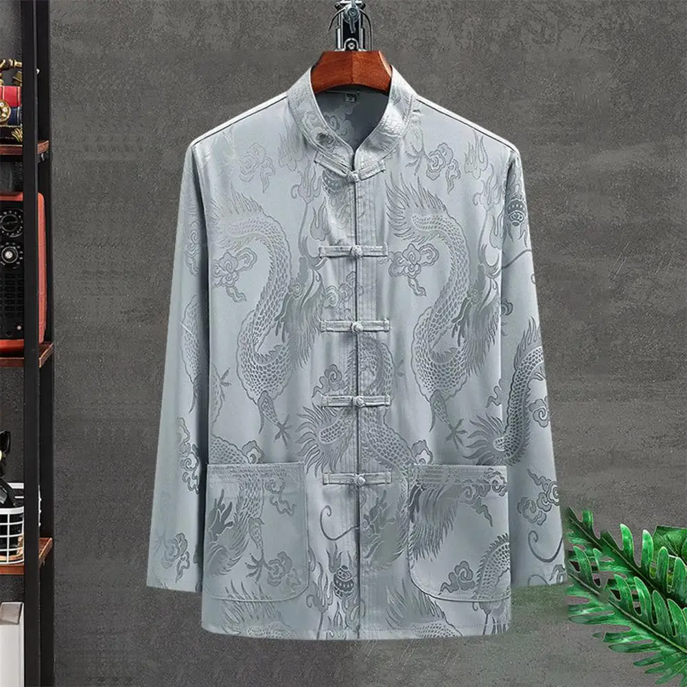

Chinese Style Top Chinese Traditional Men Tang Suit Shirt with Dragon Print Stand Collar Pockets Long Sleeve Tai Chi for New