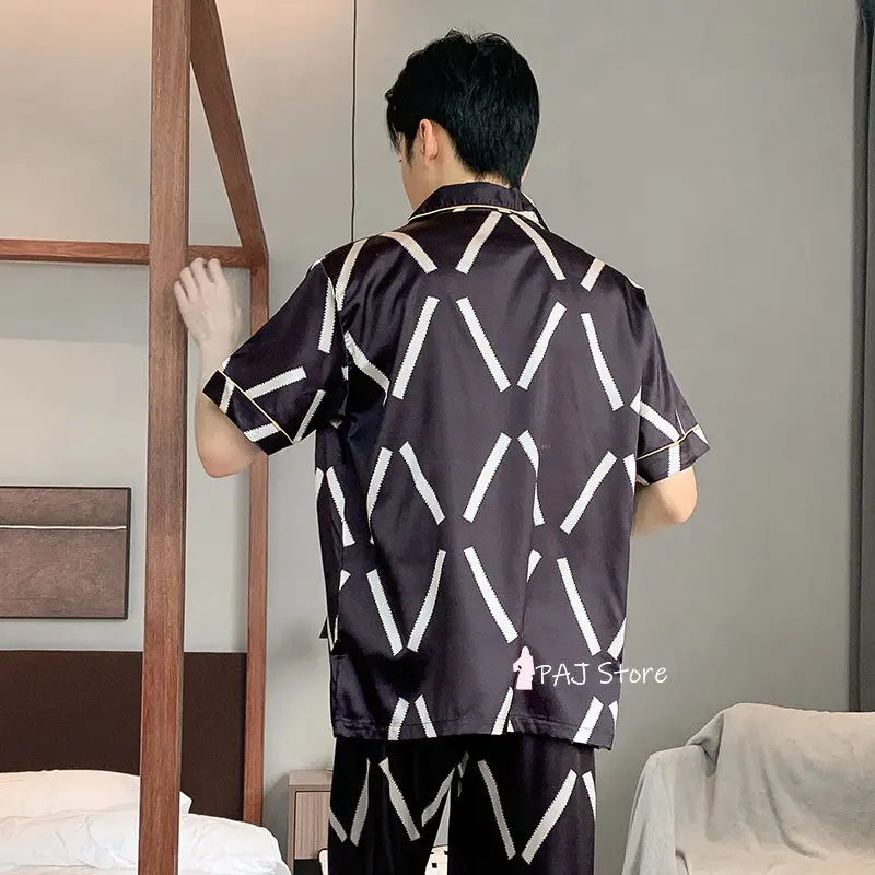 Men Sleepwear Silk Satin Pijama Set Pajama Sets Short Sleeve Sleep Home Clothes Man 2 Pieces Sets Home Suits Pyjamas L-5XL