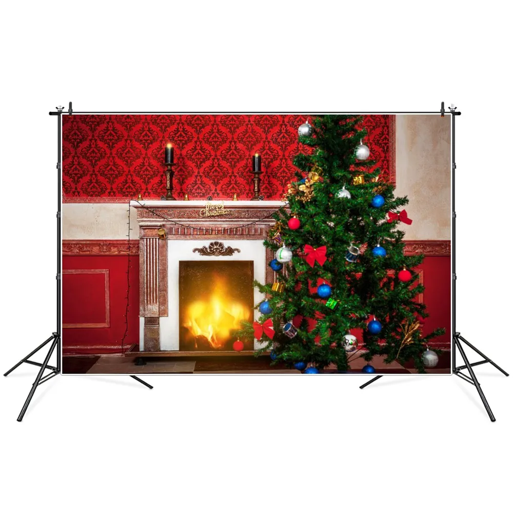 

Фон для фотосъемки с изображением рождественской елки камина дамасской стены