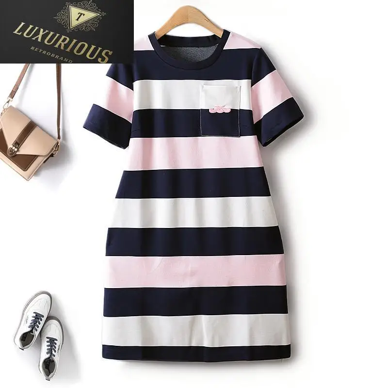 

2023 Summer Elegant Party Dresses For Women 2023 Classic Wide Stripe Color Contrast Elastic Big Pocket Short Sleeve Female Dress