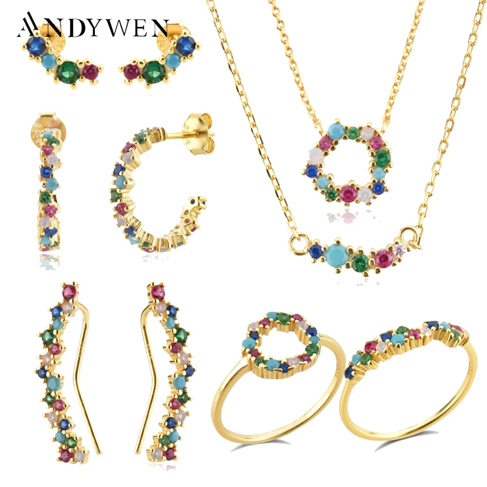 

ANDYWEN 925 Sterling Silver Rainbow CZ Spring Angelique Sparkle Tutti Frutti Clips Hoop Stud Earring Ring Collar Jewelry Set