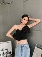 summer 2022 new fashion black rhimestone bow camisole for ladies all matching sexy backless slimming short crop top female