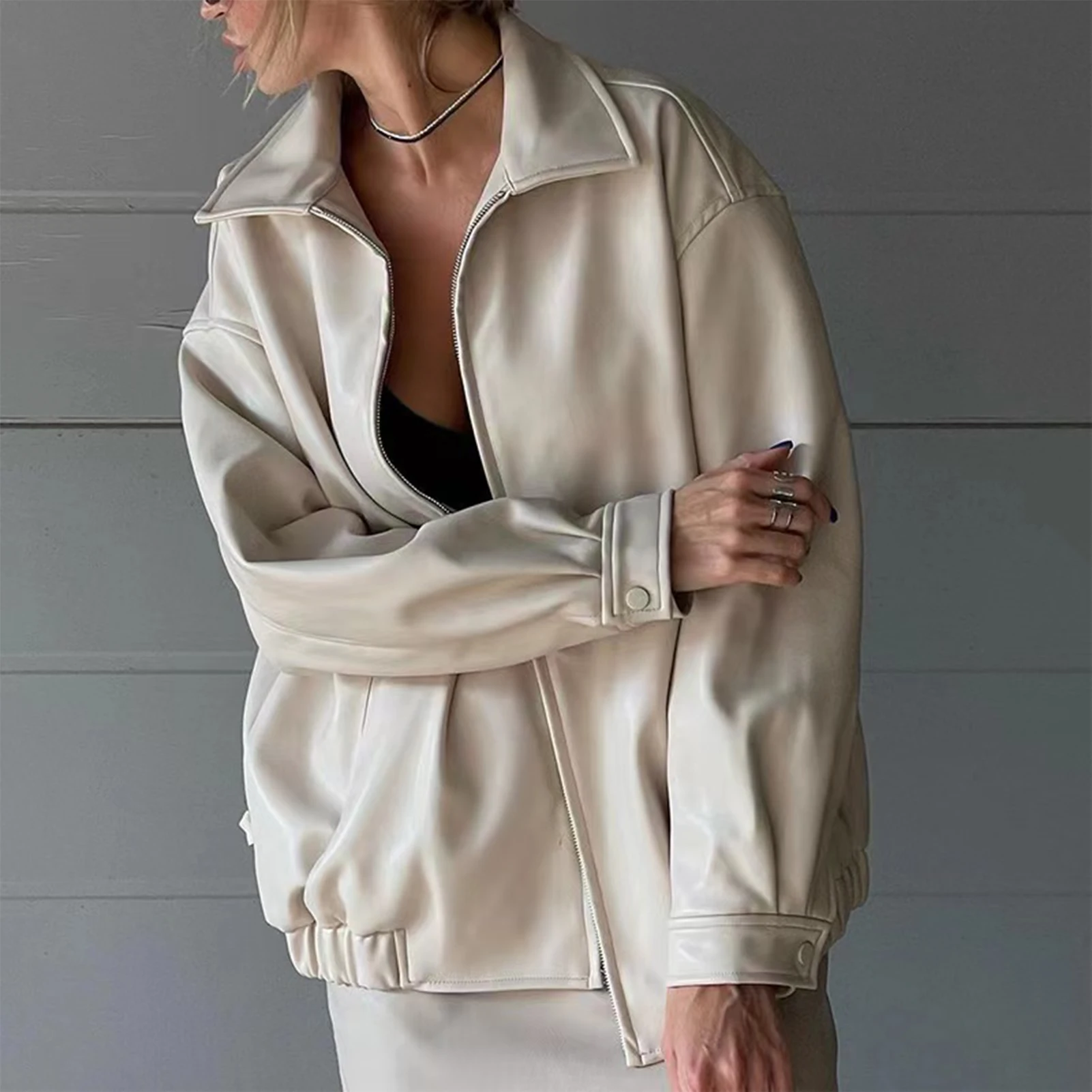 

Women Faux Leather Shirt Jacket Casual Long Sleeve Jackets Soft Lapel Shacket Jacket Motorcycle Jacket Zipper Outwear