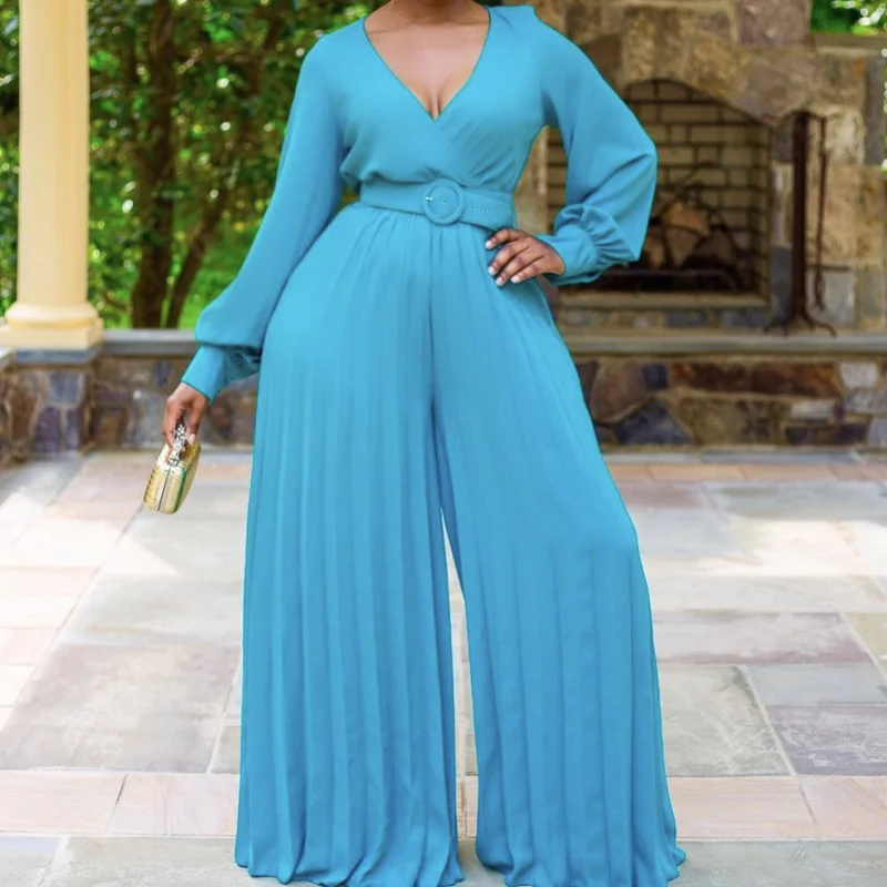 Women Loose Jumpsuit Long Sleeve V Neck Wide Leg Pants New Elegant Office Ladies Work Wear Hight Waist Spring Summer Female 2021