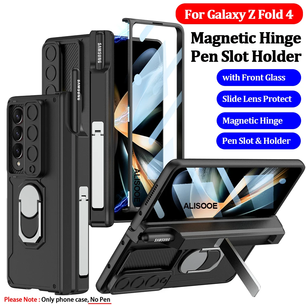 

Magnetic Hinge Cases for Samsung Galaxy Z Fold 4 Fold4 5G Case Pen Slot Holder Armor Slide Lens Protect Cover with Glass Film