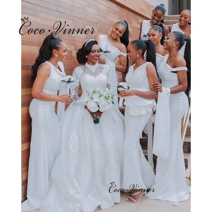 Фото Customized Africa Style Wedding Dresses Ball Gown High Neck Long Sleeves Lace Appliques Beading Wedding Dress For Bride W1352 №4