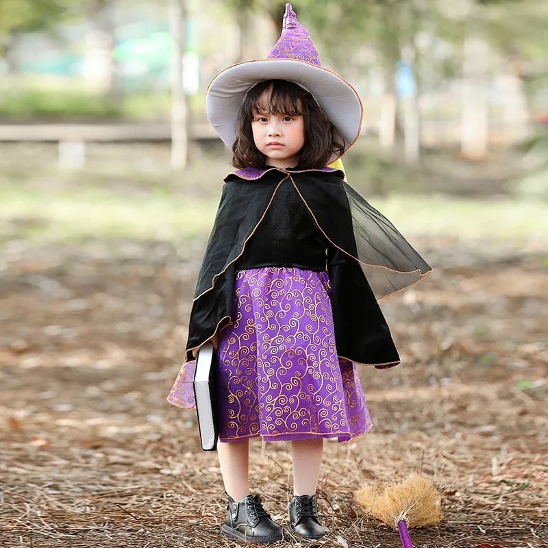 

Children Girls Magic Witch Wizard Robe Stage Shawl Purple Dress Hat Set Kids Halloween Role Play Dress Up Cosplay Costume