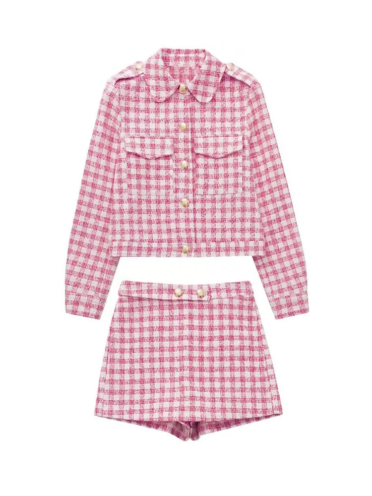 Женский клетчатый пиджак с карманами винтажный длинным рукавом и шорты весна 2022 -