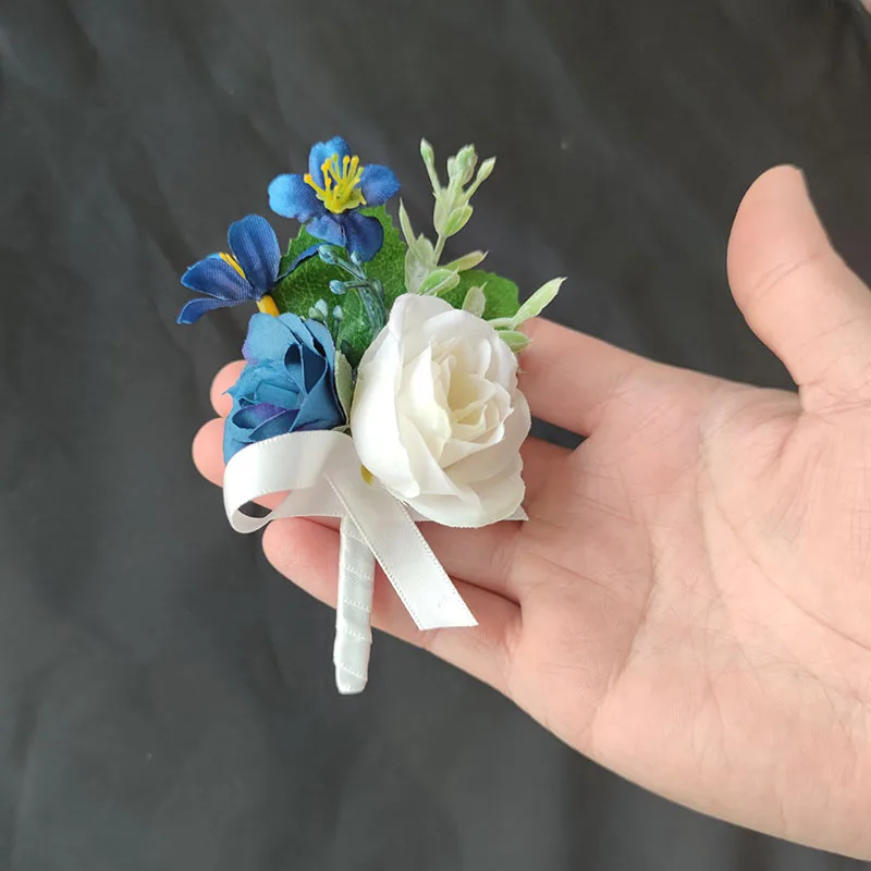 

White Boutonniere Wedding Accessories Corsage Decoration Blue Roses Bracelet Flowers for Bridesmaid Buttonhole Brooch Lapel Pins