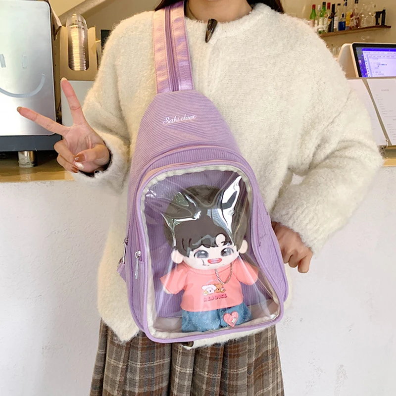 Фото Kawaii женская нагрудная сумка вельветовая DIY аниме значок дисплей Ita сумки Harajuku студенческие субкультуры прозрачные регулируемые рюкзаки №4