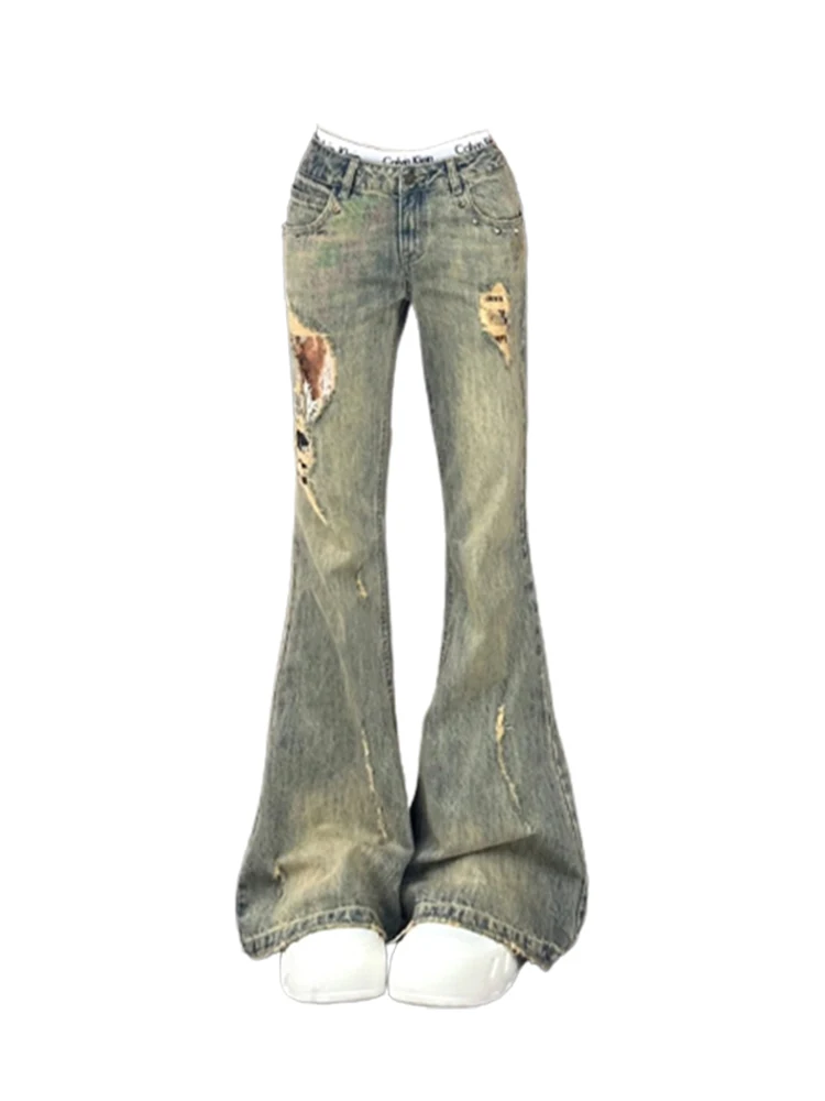 

Женские расклешенные джинсы Harajuku Y2K, узкие модные рваные классические джинсовые брюки с низкой талией в американском стиле ретро