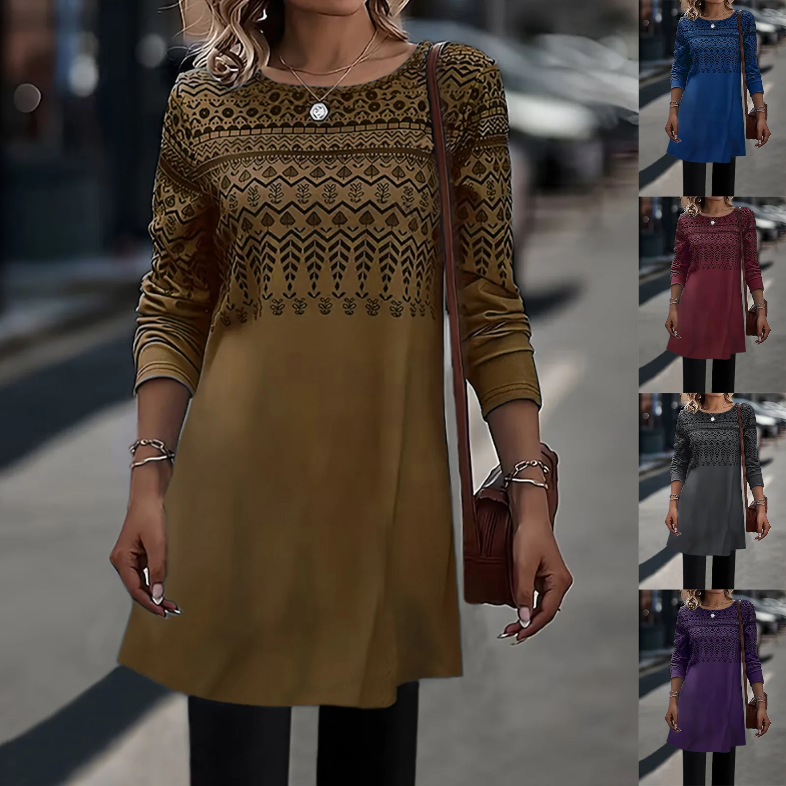 

New Autumn and Winter Printed Long-sleeved Mid-length Knitted Tops for Women