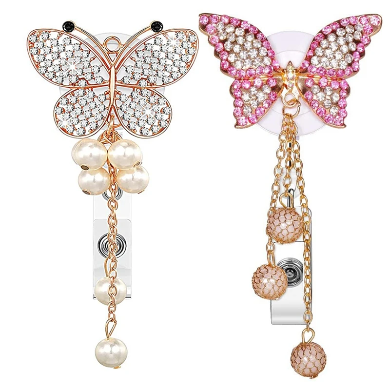 

2Pcs Butterfly Badge Reels Retractable Rhinestone Badge Holders Name Tag Holder Reels with Alligator Clips for Nurses