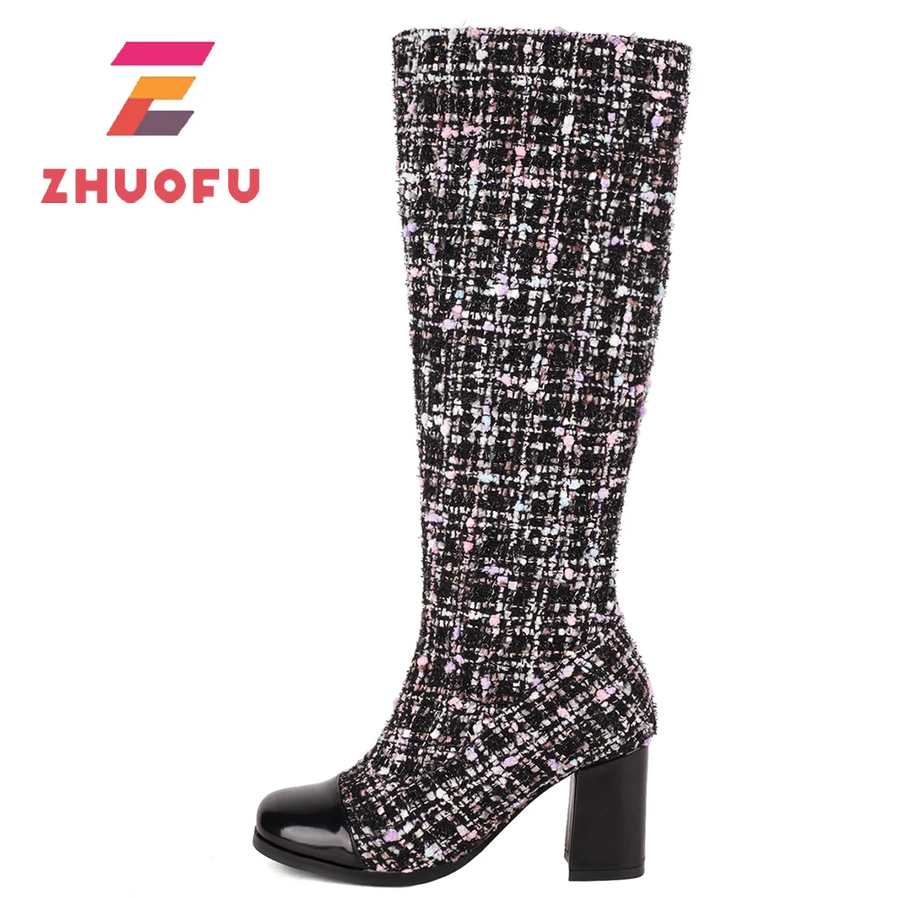 

Женские сапоги до колена ZHUOFU, классические твидовые сапоги из искусственной кожи с боковой молнией и круглым носком, уличная мода, зима 2023