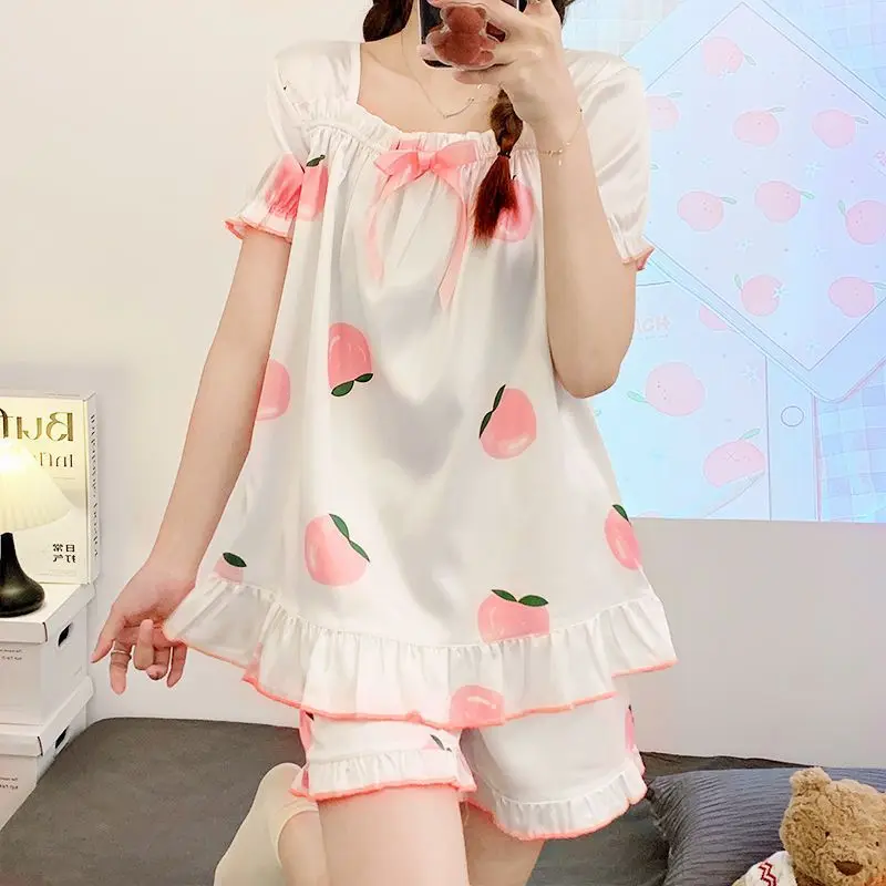 Pajamas Women's Summer Thin Short-sleeved Two-piece In Style Sweet and Cute Girl Home Suit Comfortable and Breathable Sleepwear