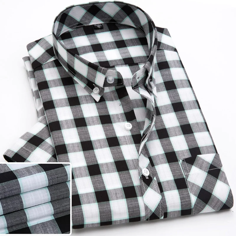 Casual 100 Cotton Plaid Short Sleeve Mens Slim Fit Poplin Soft Comfort Fashion Male Korean Clothes