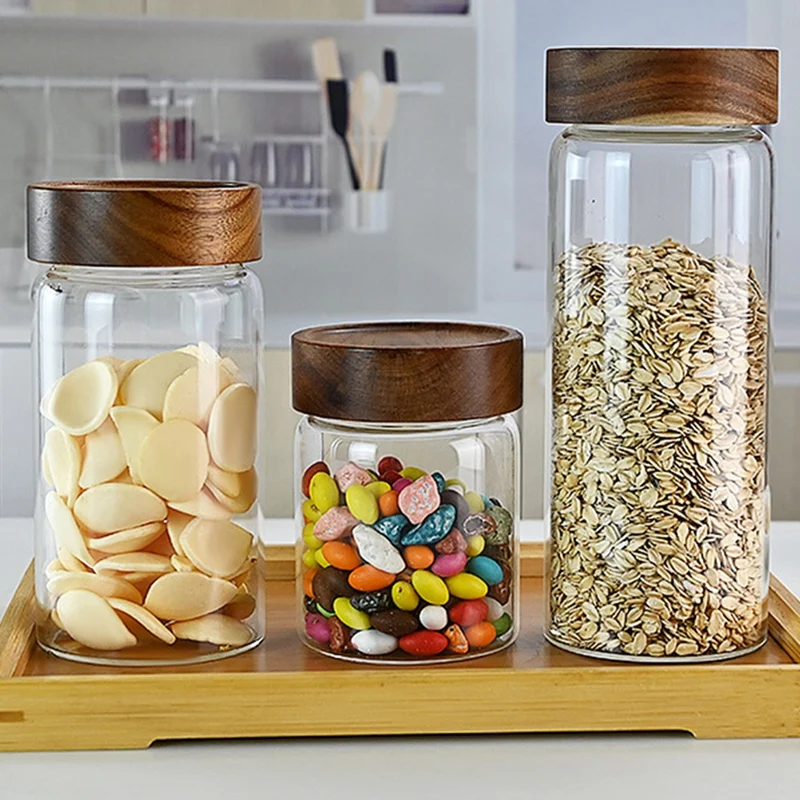 

Контейнер для еды с деревянной крышкой, емкость для хранения чая, кофе, зерен, кухонные бутылки для хранения, герметичные банки для конфет